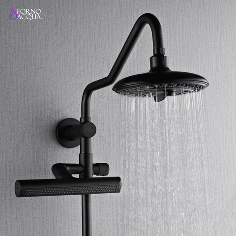 Forno Acqua AcquaFALL Shower, Matte Black Finish, Overhead Rainfall Shower, 7 Way Diverter, Handheld Shower Head, Body Jets, 2.5 GPM Flow Rate