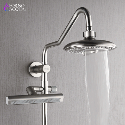 Forno Acqua AcquaFALL Shower, Brushed Nickel Finish, Overhead Rainfall Shower, 7 Way Diverter, Handheld Shower Head, Body Jets, 2.5 GPM Flow Rate