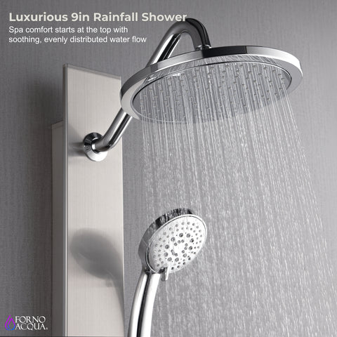 Forno Acqua AcquaSPA Shower Panel in Stainless Steel, Overhead Rainfall Shower, Handheld Shower Head, Body Jets, 6 Way Diverter, 2.5 GPM Flow Rate