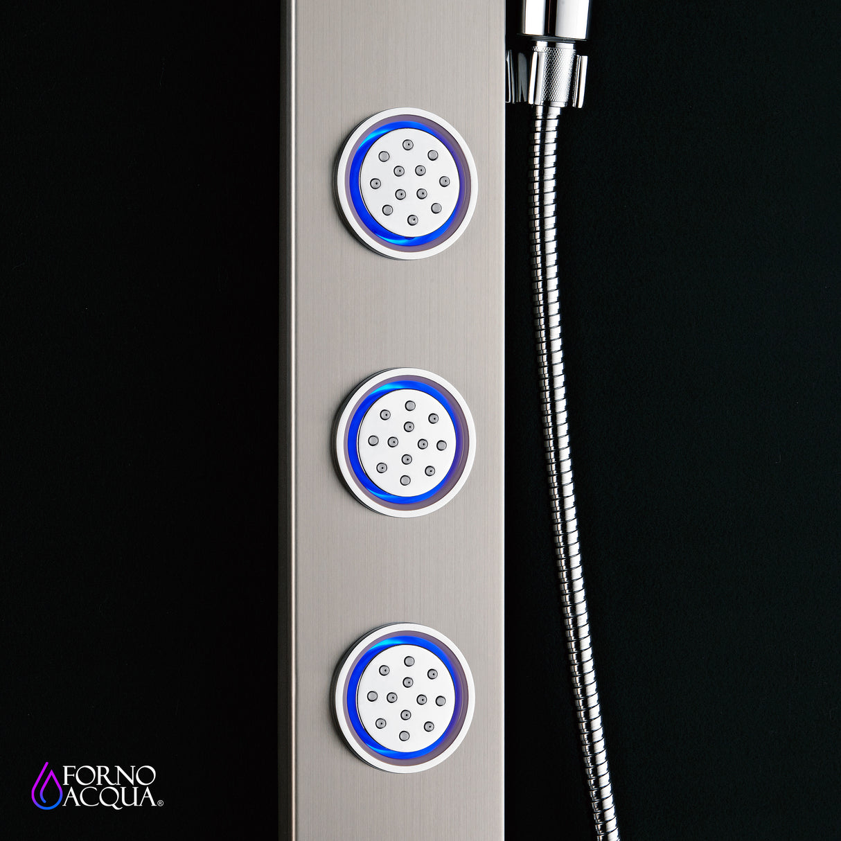 Forno Acqua AcquaSpa Shower Panel with SensoTemp, Stainless Steel, Overhead Rainfall Shower, Handheld Shower Head, Body Jets, 2.5 GPM Flow Rate
