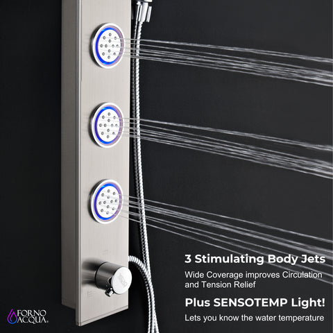 Forno Acqua AcquaSPA Shower Panel with SensoTemp, Stainless Steel, Overhead Rainfall Shower, Handheld Shower Head, Body Jets, 1.8 GPM Flow Rate