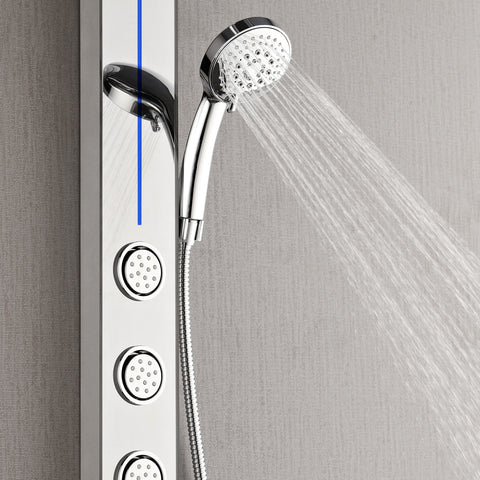 Forno Acqua AcquaSPA Shower Panel with SensoTEMP, Mirrored Stainless Steel Finish, Overhead Rainfall Shower, Handheld Shower Head, Body Jets, 2.5 GPM Flow Rate