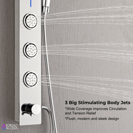 Forno Acqua AcquaSPA Shower Panel with SensoTEMP, Mirrored Stainless Steel Finish, Overhead Rainfall Shower, Handheld Shower Head, Body Jets, 1.8 GPM Flow Rate