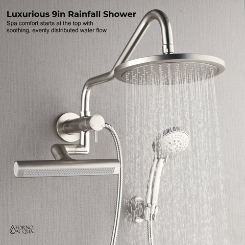 Forno Acqua AcquaFALL Mini Shower Head, Brushed Nickel Finish, Overhead Rainfall Shower, 7 Way Diverter, Handheld Shower Head, Body Jets, 2.5 GPM Flow Rate