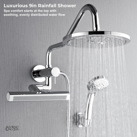 Forno Acqua AcquaFALL Mini Shower Head, Polished Stainless Steel Finish, Overhead Rainfall Shower, 7 Way Diverter, Handheld Shower Head, Body Jets, 1.8 GPM Flow Rate