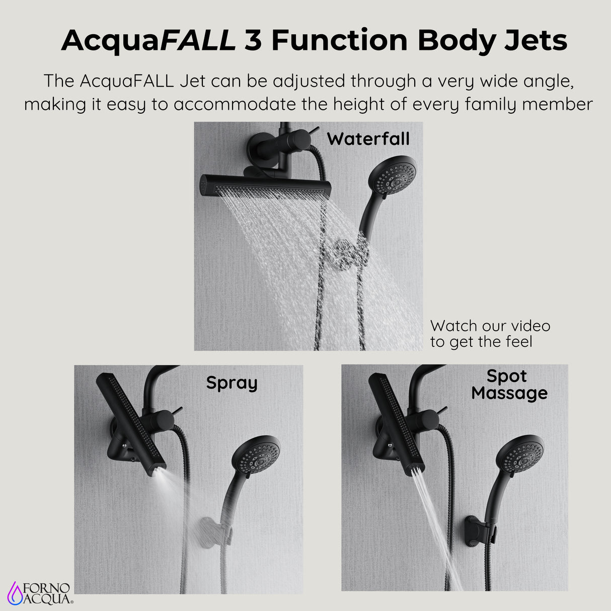 Forno Acqua AcquaFALL Mini 8 Inch Shower Head, Matte Black Finish, Overhead Rainfall Shower, Handheld Shower Head, Body Jets, 2.5 GPM Flow Rate