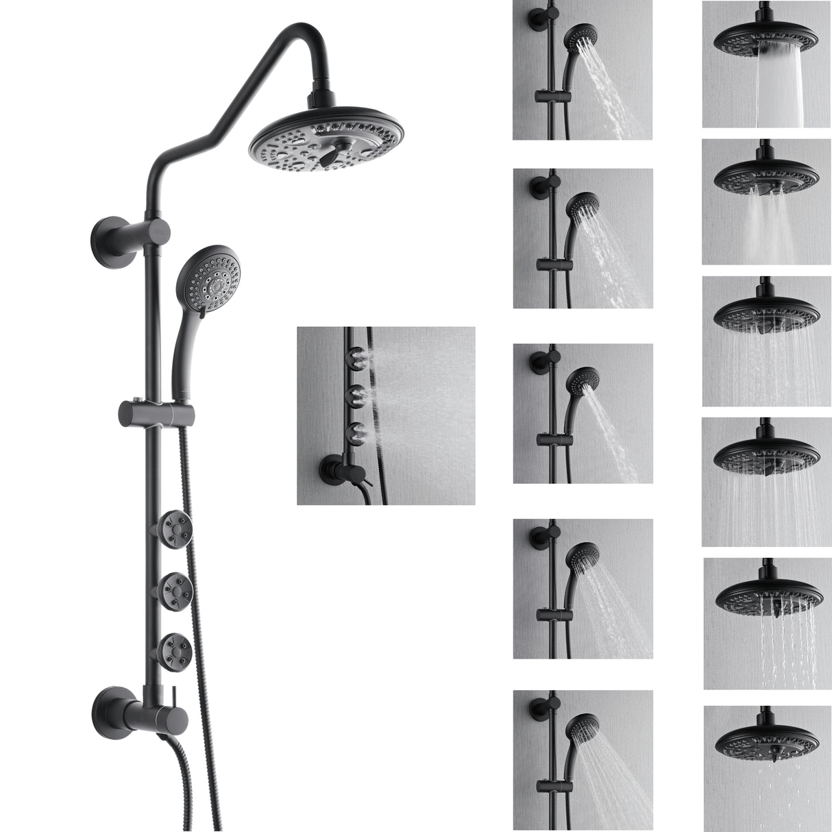 Forno Acqua AcquaSPA Retrofit Shower, Overhead Rainfall, 8 Inch Shower Head, Handheld Shower Head, Body Jets, 6 Way Diverter, Matte Black Finish, 2.5 GPM Flow Rate