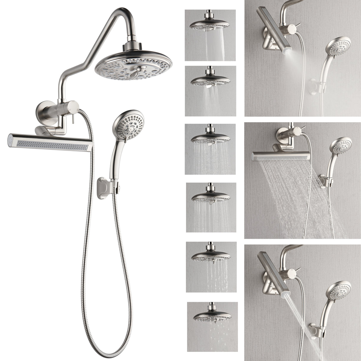 Forno Acqua AcquaFALL Mini 8 Inch Shower Head, Brushed Nickel Finish, Overhead Rainfall Shower, Handheld Shower Head, Body Jets, 2.5 GPM Flow Rate