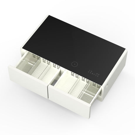Forno Evoluto Tavolo 51-Inch White Smart Coffee Table – Dual Refrigerator Drawers, Bluetooth 5.0 Audio, Wireless Charging & RGB Ambient Light