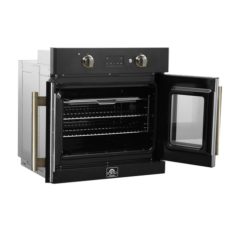 Forno Asti 30-Inch French Door Electric Wall Oven in Black & Antique Brass, 3.68 cu. ft. True Convection, 3,600W, Air Fry, Sous Vide, Self-Clean
