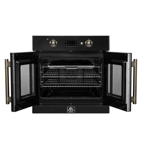 Forno Asti 30-Inch French Door Electric Wall Oven in Black & Antique Brass, 3.68 cu. ft. True Convection, 3,600W, Air Fry, Sous Vide, Self-Clean