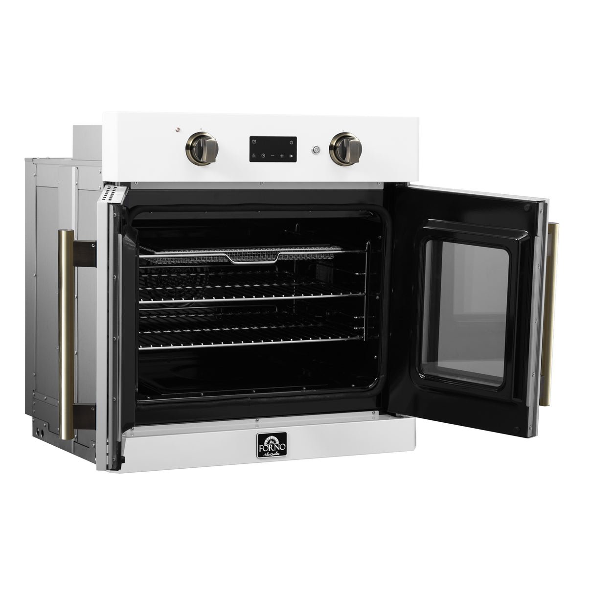 Forno Asti 30-Inch French Door Electric Wall Oven in White & Antique Brass, 3.68 cu. ft. True Convection, 3,600W, Air Fry, Sous Vide, Self-Clean