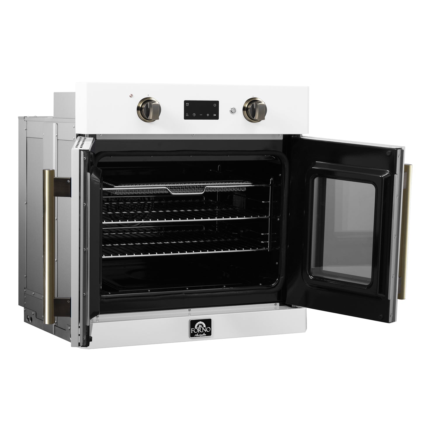 Forno Asti 30-Inch French Door Electric Wall Oven in White & Antique Brass, 3.68 cu. ft. True Convection, 3,600W, Air Fry, Sous Vide, Self-Clean