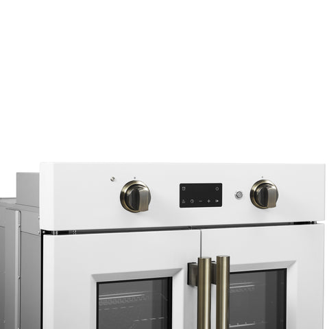 Forno Asti 30-Inch French Door Electric Wall Oven in White & Antique Brass, 3.68 cu. ft. True Convection, 3,600W, Air Fry, Sous Vide, Self-Clean