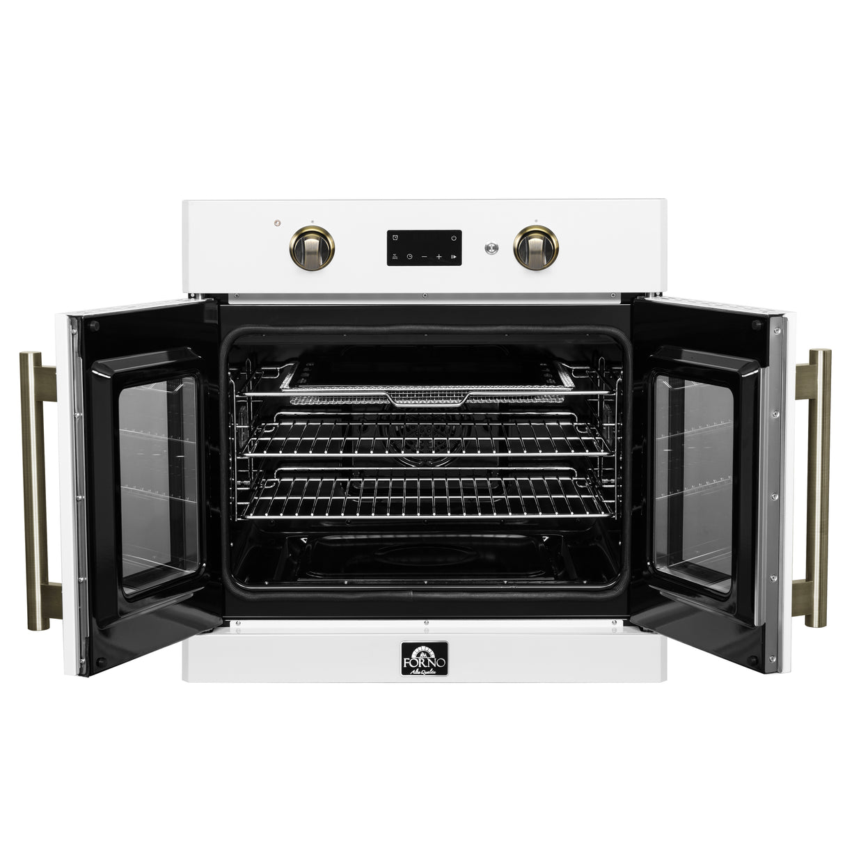 Forno Asti 30-Inch French Door Electric Wall Oven in White & Antique Brass, 3.68 cu. ft. True Convection, 3,600W, Air Fry, Sous Vide, Self-Clean