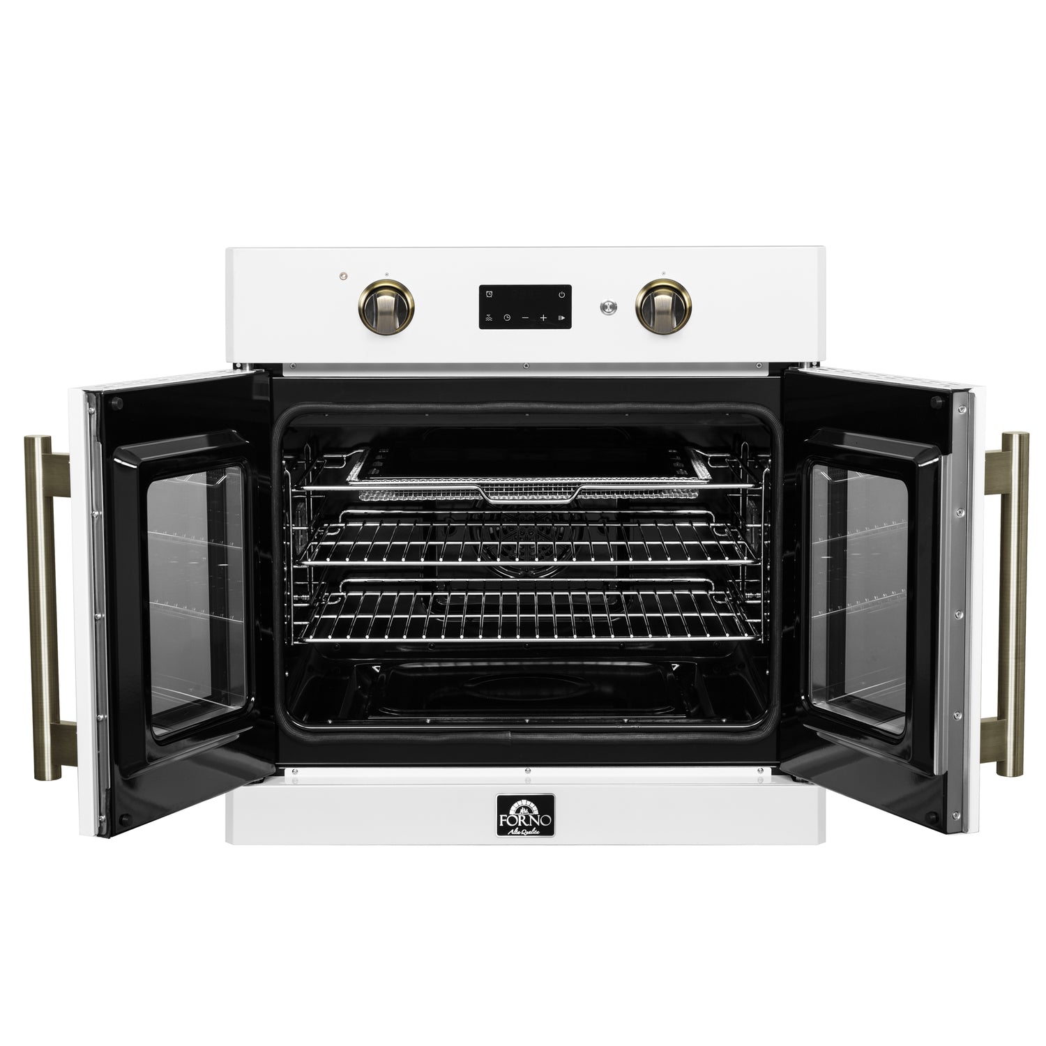 Forno Asti 30-Inch French Door Electric Wall Oven in White & Antique Brass, 3.68 cu. ft. True Convection, 3,600W, Air Fry, Sous Vide, Self-Clean