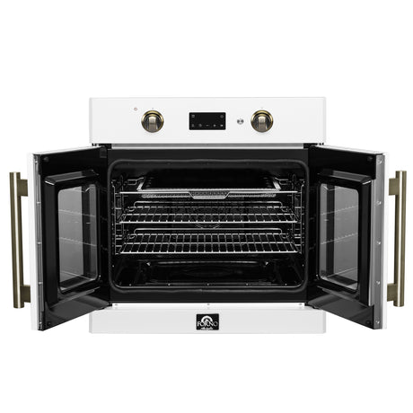 Forno Asti 30-Inch French Door Electric Wall Oven in White & Antique Brass, 3.68 cu. ft. True Convection, 3,600W, Air Fry, Sous Vide, Self-Clean