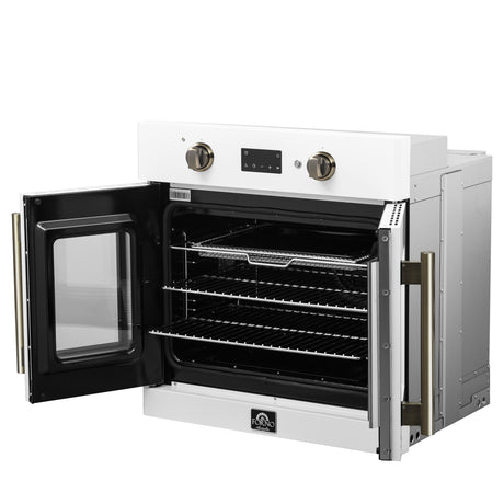 Forno Asti 30-Inch French Door Electric Wall Oven in White & Antique Brass, 3.68 cu. ft. True Convection, 3,600W, Air Fry, Sous Vide, Self-Clean
