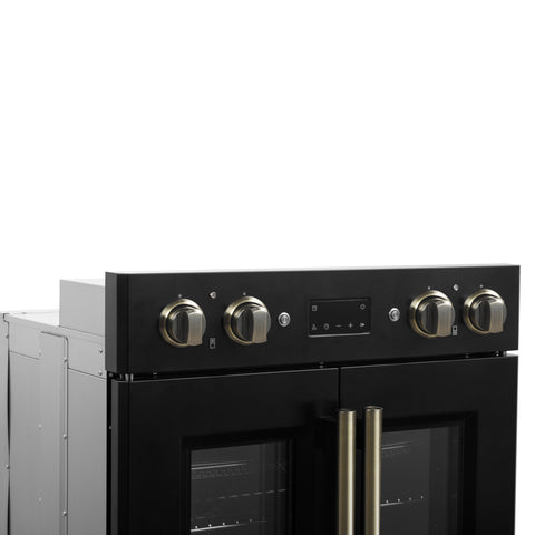 Forno Asti 30-Inch Double Electric Wall Oven with Upper French Doors in Black & Antique Brass, 7.36 cu. ft. Dual True Convection, 7,200W, Air Fry, Sous Vide, Self-Clean