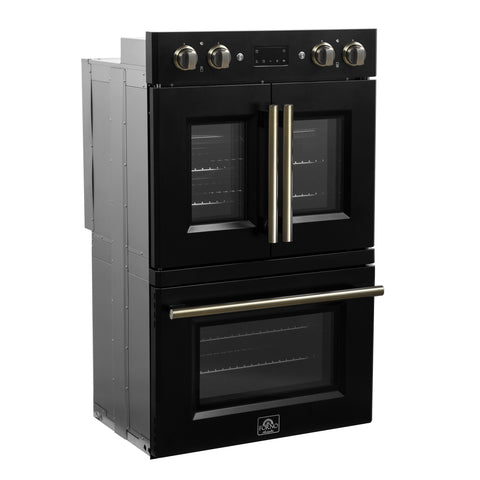 Forno Asti 30-Inch Double Electric Wall Oven with Upper French Doors in Black & Antique Brass, 7.36 cu. ft. Dual True Convection, 7,200W, Air Fry, Sous Vide, Self-Clean