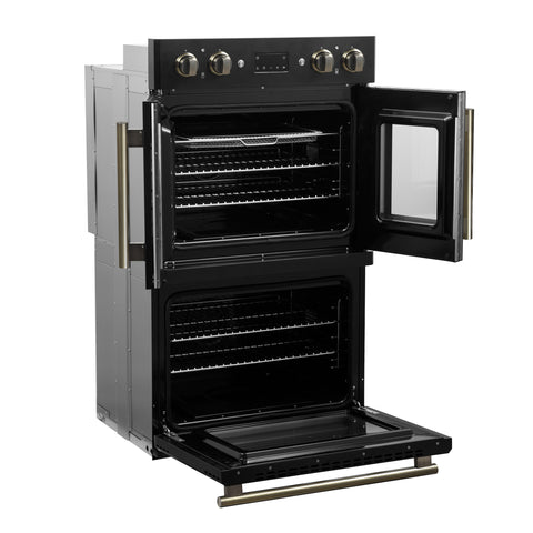 Forno Asti 30-Inch Double Electric Wall Oven with Upper French Doors in Black & Antique Brass, 7.36 cu. ft. Dual True Convection, 7,200W, Air Fry, Sous Vide, Self-Clean