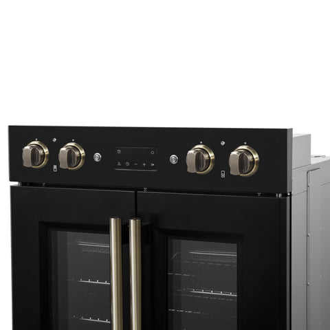 Forno Asti 30-Inch Double Electric Wall Oven with Upper French Doors in Black & Antique Brass, 7.36 cu. ft. Dual True Convection, 7,200W, Air Fry, Sous Vide, Self-Clean