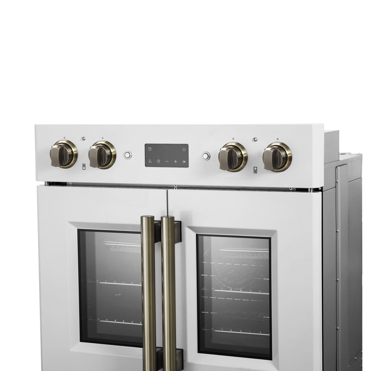 Forno Asti 30-Inch Double Electric Wall Oven with Upper French Doors in White & Antique Brass, 7.36 cu. ft. Dual True Convection, 7,200W, Air Fry, Sous Vide, Self-Clean