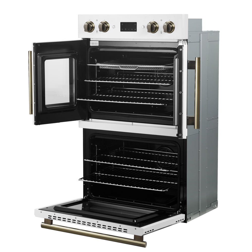 Forno Asti 30-Inch Double Electric Wall Oven with Upper French Doors in White & Antique Brass, 7.36 cu. ft. Dual True Convection, 7,200W, Air Fry, Sous Vide, Self-Clean