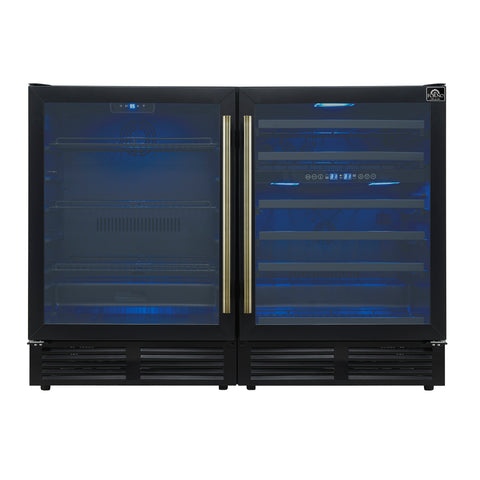 Forno Gemello 48 Inch Side-by-Side Wine and Beverage Cooler in Black with Antique Brass Handles, French Door, 9.6 cu. ft.