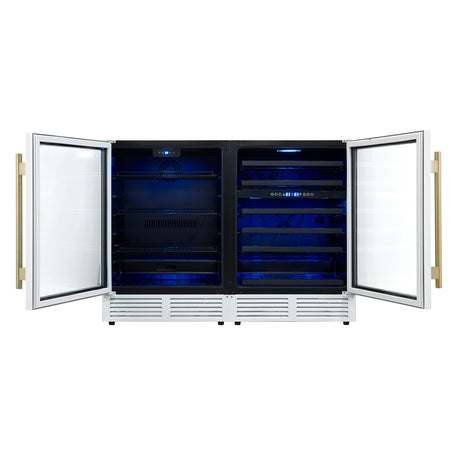 Gemello 48 Inch Side-by-Side Wine and Beverage Cooler in White with Antique Brass Handles, French Door, 9.6 cu. ft.