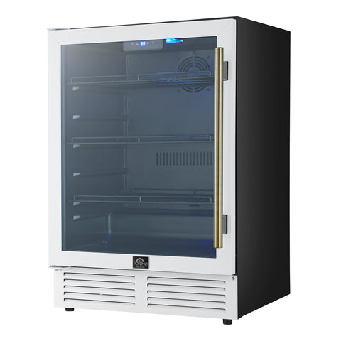 Forno Frescolino 24 Inch Beverage Cooler, White with Antique Brass Handles, with LED Lighting, Triple Glass Door, 188 Can Capacity, Built-In or Freestanding