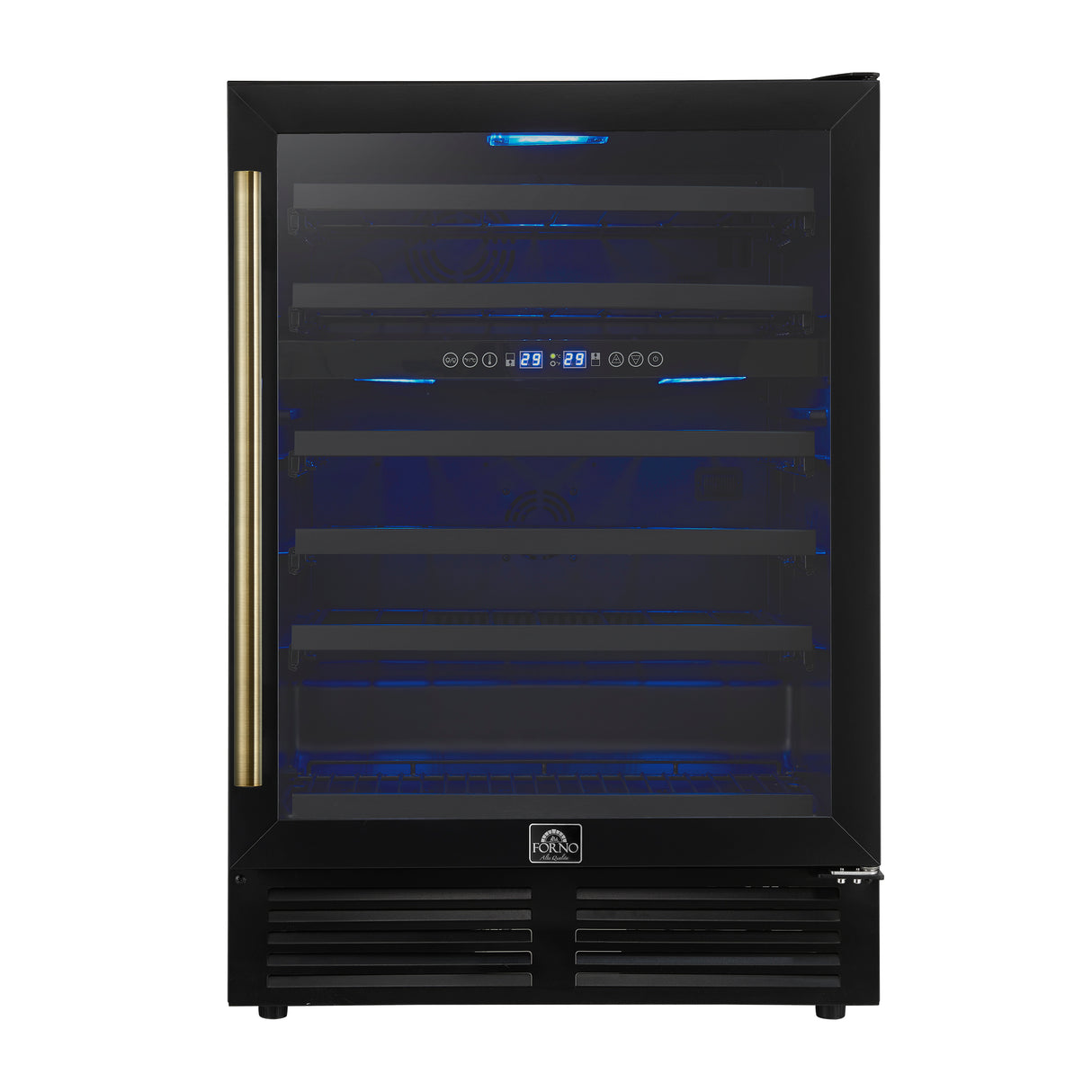 Forno Bacchino 24 Inch Wine Cooler, Black with Antique Brass Handles, with LED Lighting, Triple Glass Door, 51 Bottle Capacity, Built-In or Freestanding