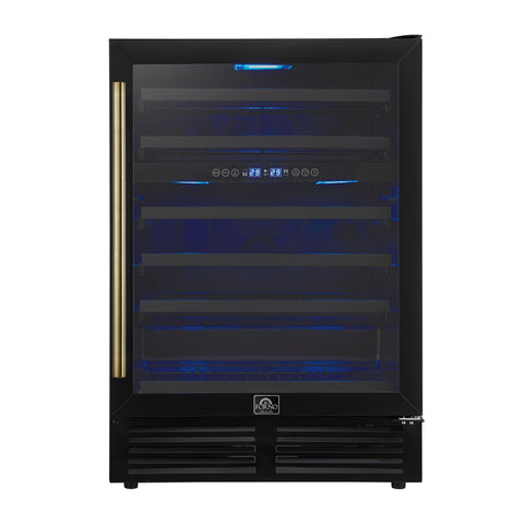 Forno Bacchino 24 Inch Wine Cooler, Black with Antique Brass Handles, with LED Lighting, Triple Glass Door, 51 Bottle Capacity, Built-In or Freestanding