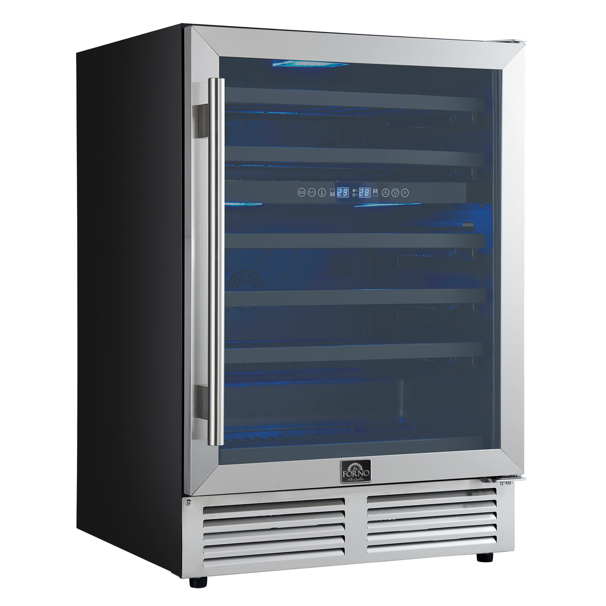 Forno Bacchino 24 Inch Wine Cooler, Stainless Steel, with LED Lighting, Triple Glass Door, 51 Bottle Capacity, Built-In or Freestanding