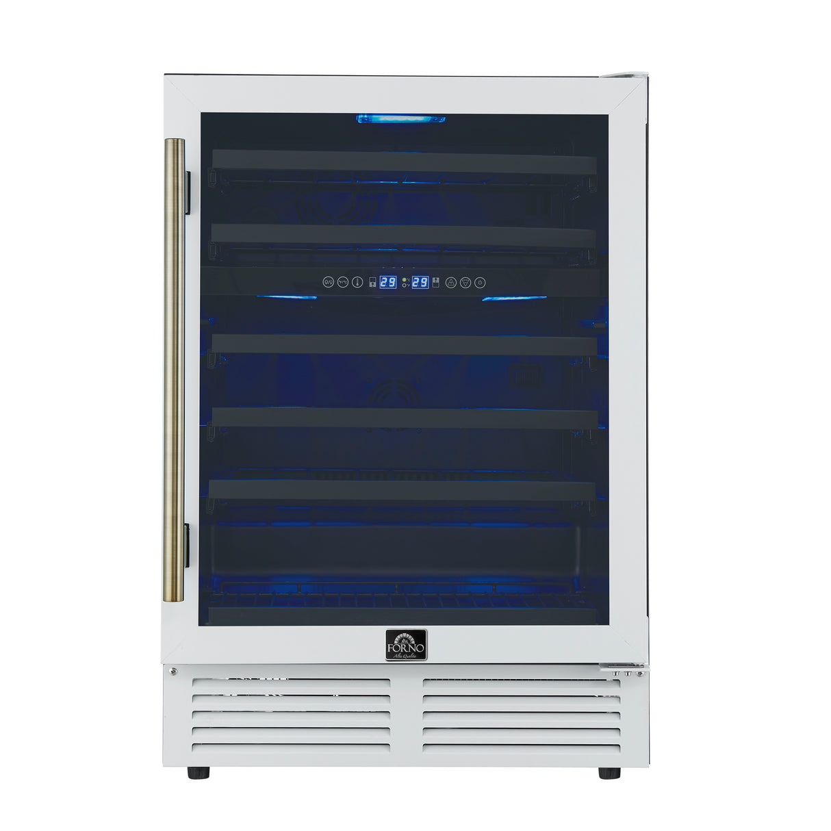 Forno Bacchino 24 Inch Wine Cooler, White with Antique Brass Handles, with LED Lighting, Triple Glass Door, 51 Bottle Capacity, Built-In or Freestanding
