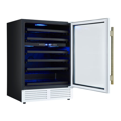 Forno Bacchino 24 Inch Wine Cooler, White with Antique Brass Handles, with LED Lighting, Triple Glass Door, 51 Bottle Capacity, Built-In or Freestanding