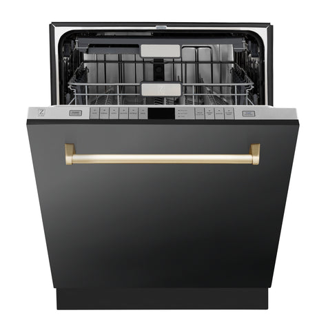 ZLINE Autograph Edition 24" Monument Series 3rd Rack Top Touch Control Tall Tub Dishwasher in Black Stainless Steel with Polished Gold Handle, 45dBa (DWMTZ-BS-24-G)