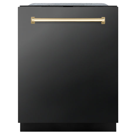 ZLINE Autograph Edition 24" Monument Series 3rd Rack Top Touch Control Tall Tub Dishwasher in Black Stainless Steel with Polished Gold Handle, 45dBa (DWMTZ-BS-24-G)