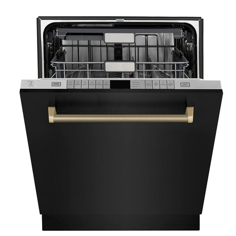 ZLINE Autograph Edition 24 in. Monument Series 3rd Rack Top Touch Control Tall Tub Dishwasher in Black Stainless Steel with Champagne Bronze Helix Handle, 45dBa (DWMTZ-BS-24-KCB)