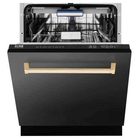 ZLINE Autograph Edition 24" Tallac Series 3rd Rack Top Control Built-In Tall Tub Dishwasher in Black Stainless Steel with Polished Gold Handle, 51dBa (DWVZ-BS-24-G)