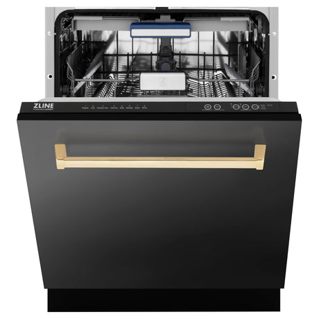 ZLINE Autograph Edition 24" Tallac Series 3rd Rack Top Control Built-In Tall Tub Dishwasher in Black Stainless Steel with Polished Gold Handle, 51dBa (DWVZ-BS-24-G)