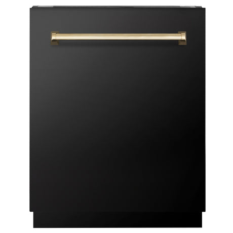 ZLINE Autograph Edition 24" Tallac Series 3rd Rack Top Control Built-In Tall Tub Dishwasher in Black Stainless Steel with Polished Gold Handle, 51dBa (DWVZ-BS-24-G)