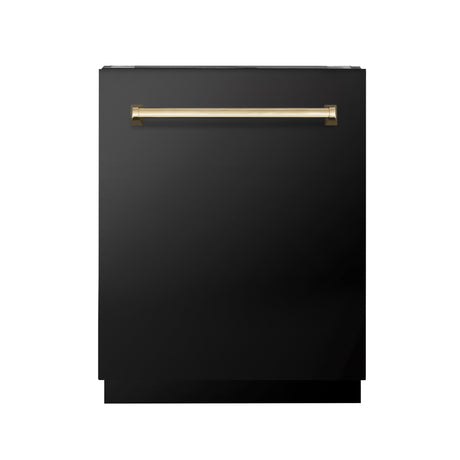 ZLINE Autograph Edition 24" Tallac Series 3rd Rack Top Control Built-In Tall Tub Dishwasher in Black Stainless Steel with Polished Gold Handle, 51dBa (DWVZ-BS-24-G)