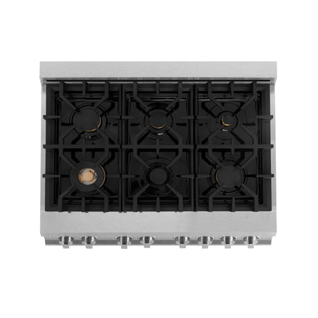 ZLINE Autograph Edition 36 in. 4.6 cu. ft. Legacy Dual Fuel Range with 6 Burner Gas Cooktop and Electric Convection Oven in Satin Stainless Steel with Black Matte Door and Polished Gold Accents (RASZ-BLM-36-G)
