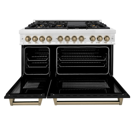 ZLINE Autograph Edition 48 in. 6.0 cu. ft. Legacy Dual Fuel Range with 7 Burner Gas Cooktop and 2 Electric Ovens in Satin Stainless Steel with Black Matte Doors and Champagne Bronze Accents (RASZ-BLM-48-CB)