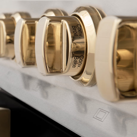 ZLINE Autograph Edition 48 in. 6.0 cu. ft. Legacy Dual Fuel Range with 7 Burner Gas Cooktop and 2 Electric Ovens in Satin Stainless Steel with Black Matte Doors and Polished Gold Accents (RASZ-BLM-48-G)