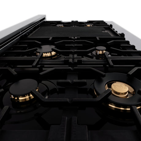 ZLINE Autograph Edition 48 in. 6.0 cu. ft. Legacy Dual Fuel Range with 7 Burner Gas Cooktop and 2 Electric Ovens in Satin Stainless Steel with Black Matte Doors and Polished Gold Accents (RASZ-BLM-48-G)