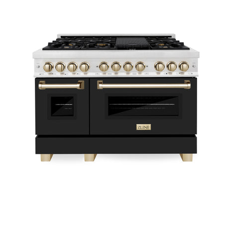 ZLINE Autograph Edition 48 in. 6.0 cu. ft. Legacy Dual Fuel Range with 7 Burner Gas Cooktop and 2 Electric Ovens in Satin Stainless Steel with Black Matte Doors and Polished Gold Accents (RASZ-BLM-48-G)