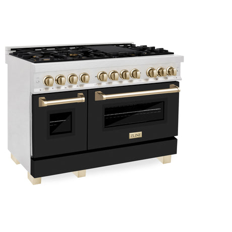 ZLINE Autograph Edition 48 in. 6.0 cu. ft. Legacy Dual Fuel Range with 7 Burner Gas Cooktop and 2 Electric Ovens in Satin Stainless Steel with Black Matte Doors and Polished Gold Accents (RASZ-BLM-48-G)