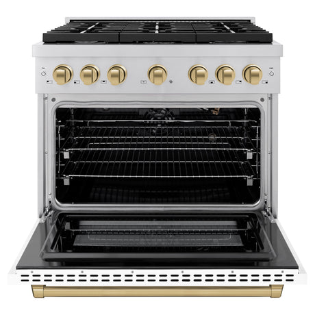 ZLINE Autograph Edition 36 in. 5.2 cu. ft. Paramount Gas Range with 6 Burner Cooktop and Convection Gas Oven in Stainless Steel with White Matte Door and Champagne Bronze Accents (SGRZ-WM-36-CB)